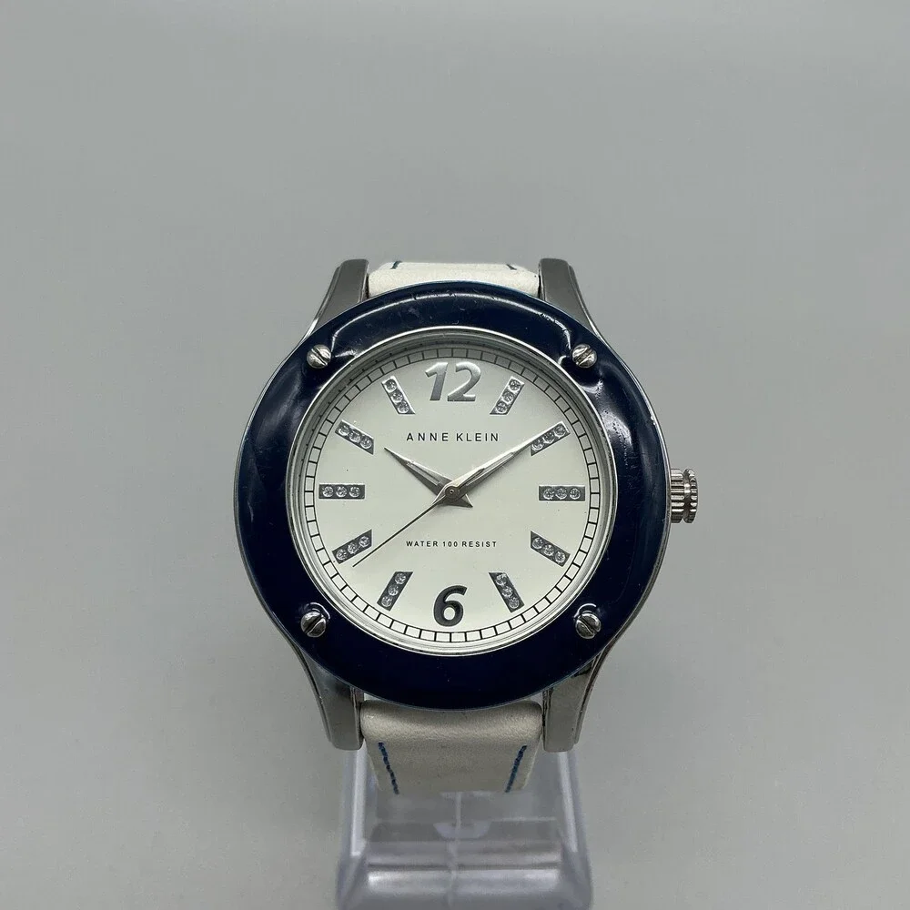 Anne Klein W5126 Womens Watch White Dial Blue Bezel White Leather New Battery